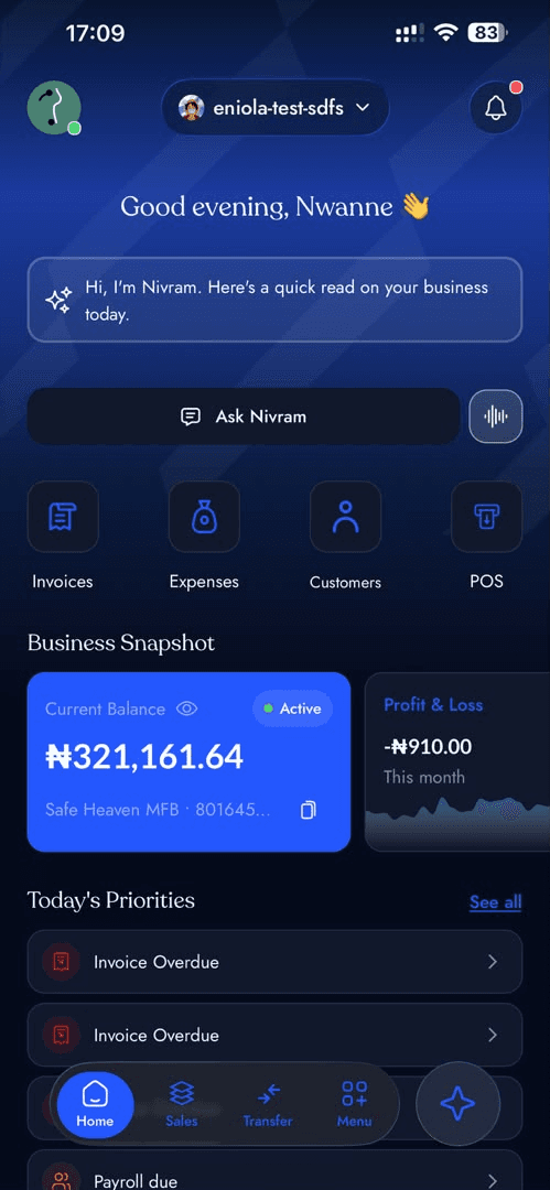 Business home screen in dark theme: greeting, an Ask Nivram entry point, quick actions for invoices, expenses, customers and point of sale, a balance card and a list of today's priorities