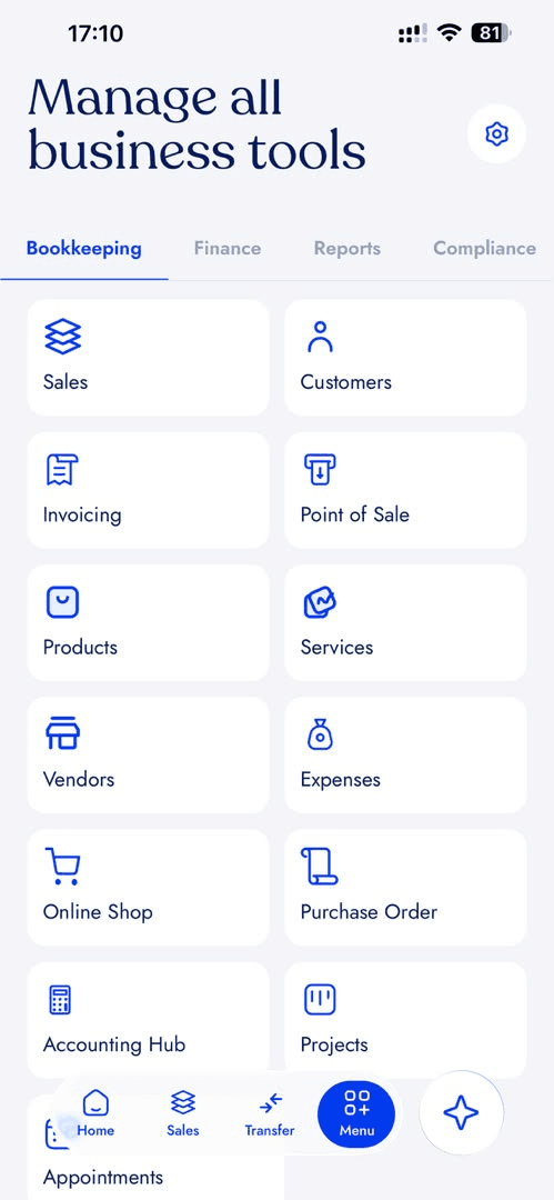 Business tools menu in light theme, with tabs for bookkeeping, finance, reports and compliance above a grid of tools including sales, customers, invoicing, point of sale, products and vendors