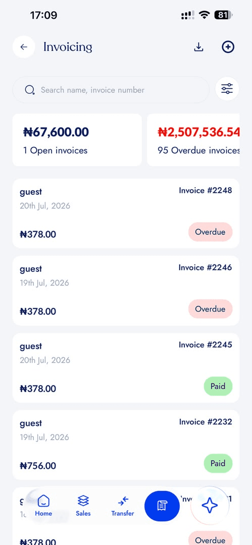 Invoicing list showing totals for open and overdue invoices above cards for individual invoices with their amount, date and paid or overdue status