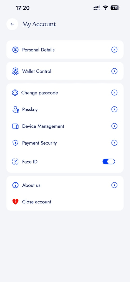 My Account screen listing personal details, wallet control, change passcode, passkey, device management, payment security and a Face ID toggle