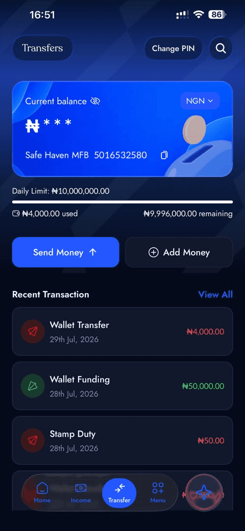 Transfers screen in dark theme with a balance card, bank and account details, a daily limit bar showing used and remaining amounts, send and add money actions, and a list of recent transactions
