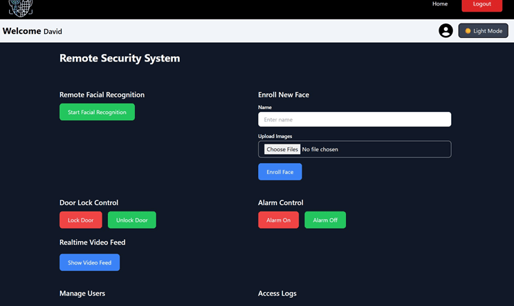 Dark-themed web dashboard headed Remote Security System, with panels for facial recognition, face enrollment, door lock control, alarm control, a live video feed, user management and access logs