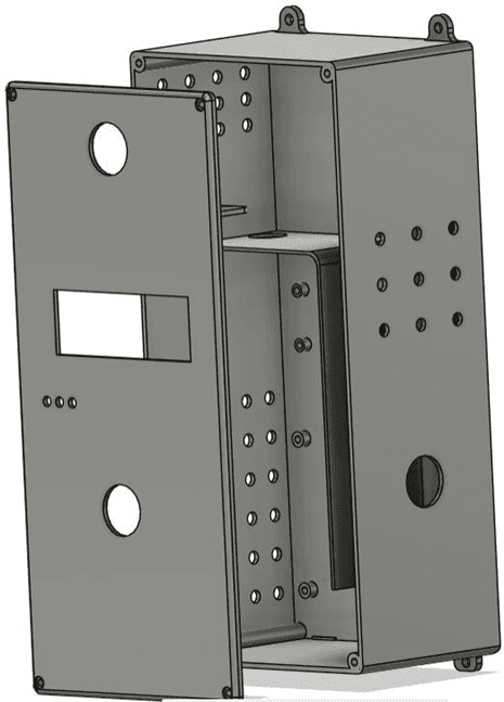Fusion 360 model of the enclosure with the front panel lifted away, showing internal standoffs, a shelf and cutouts for the camera, display, LEDs and button