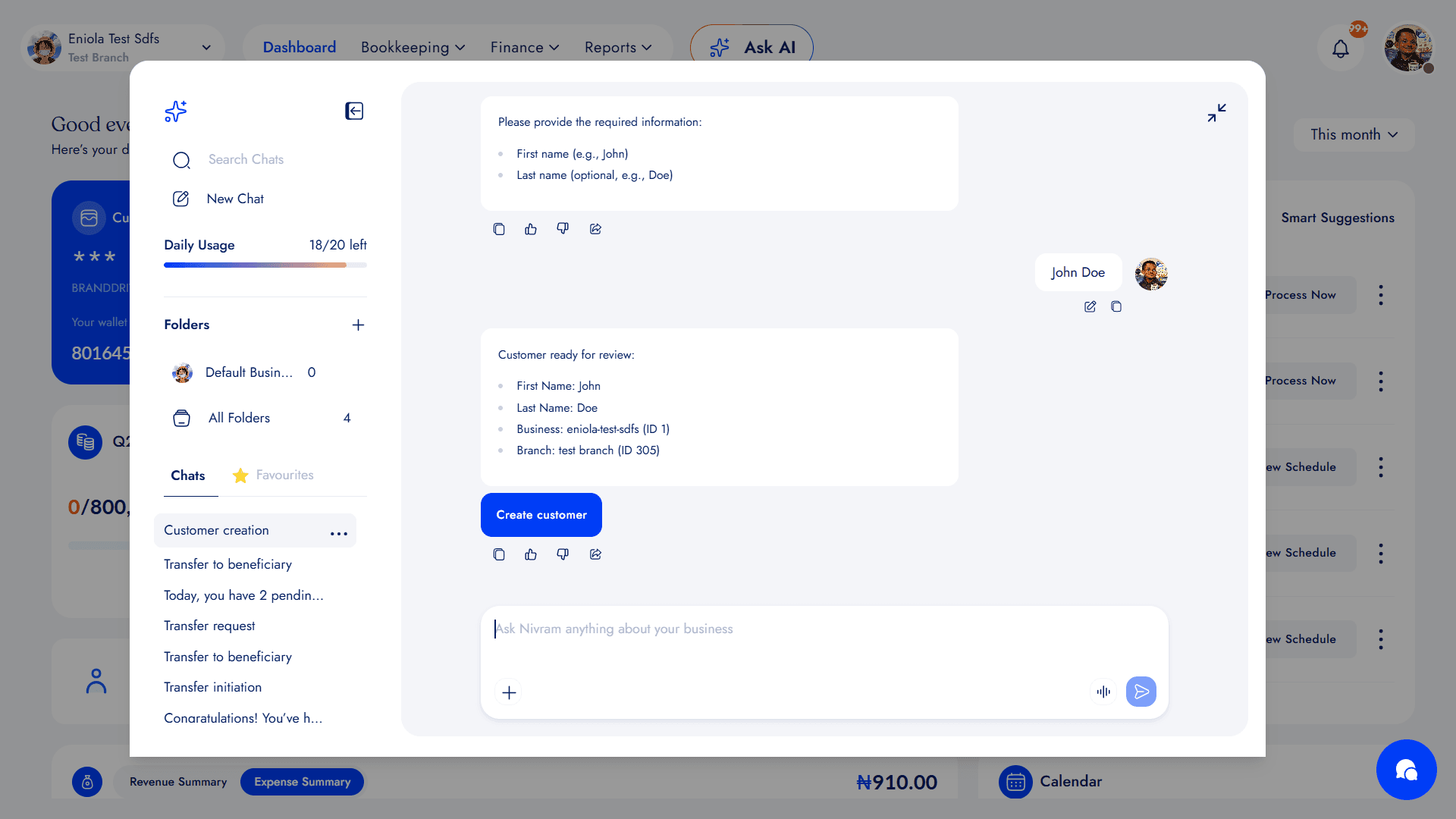 Nivram open as an overlay on the BrandDrive web dashboard: the assistant asks for a first and last name, the user replies John Doe, and the assistant returns a customer summary with a Create customer button beneath it