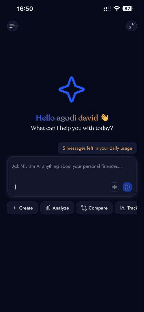 Nivram's empty chat screen on mobile in dark theme: a sparkle mark, a greeting, a note that five messages remain in the daily usage, a composer for questions about personal finances, and intent chips for create, analyze, compare and track