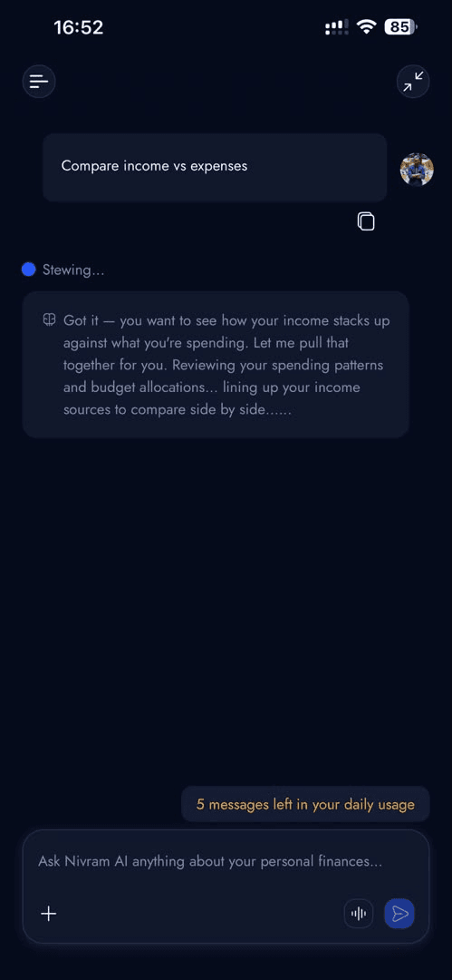 A Nivram conversation mid-reply on mobile: the user's question, a status line reading Stewing, and an assistant message partially written out