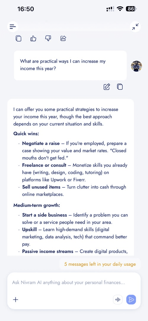 A completed Nivram answer on mobile in light theme, rendered as markdown with headings, bold terms and nested bullets, above copy, thumbs-up, thumbs-down and share controls