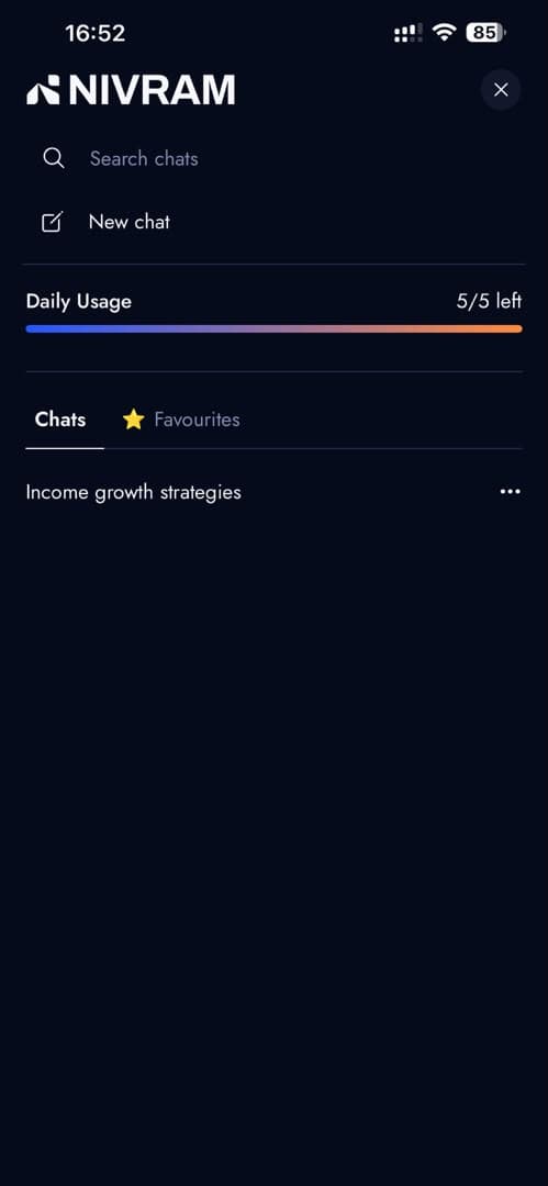 Nivram's chat drawer on mobile showing search, a new-chat action, a daily usage meter reading five of five left, and tabs for chats and favourites above a saved conversation