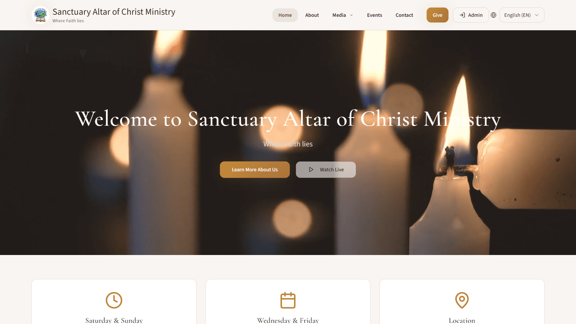 Church homepage: navigation with a Give button and language switcher above a candlelit hero reading Welcome to Sanctuary Altar of Christ Ministry, over cards for service times and location