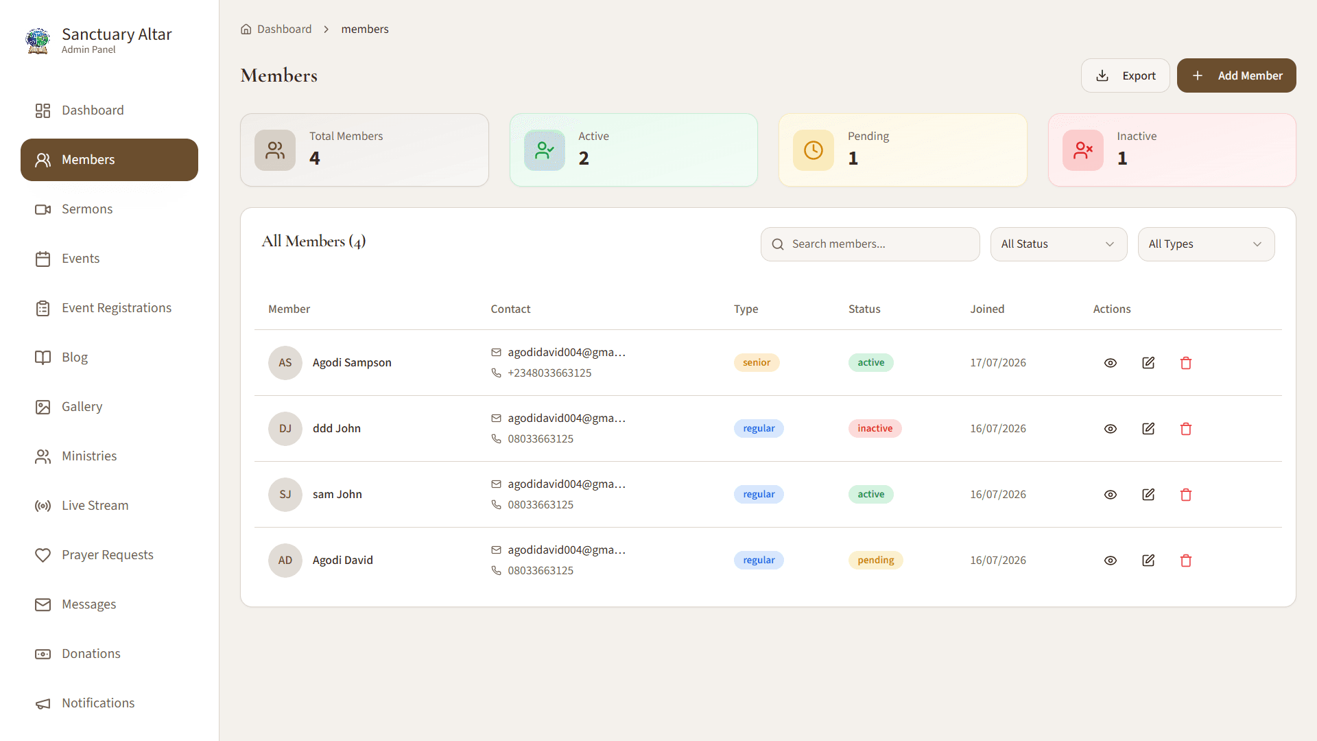 Admin members table listing four member records with contact details, membership type, status badges and inline view, edit and delete actions, above counters for total, active, pending and inactive