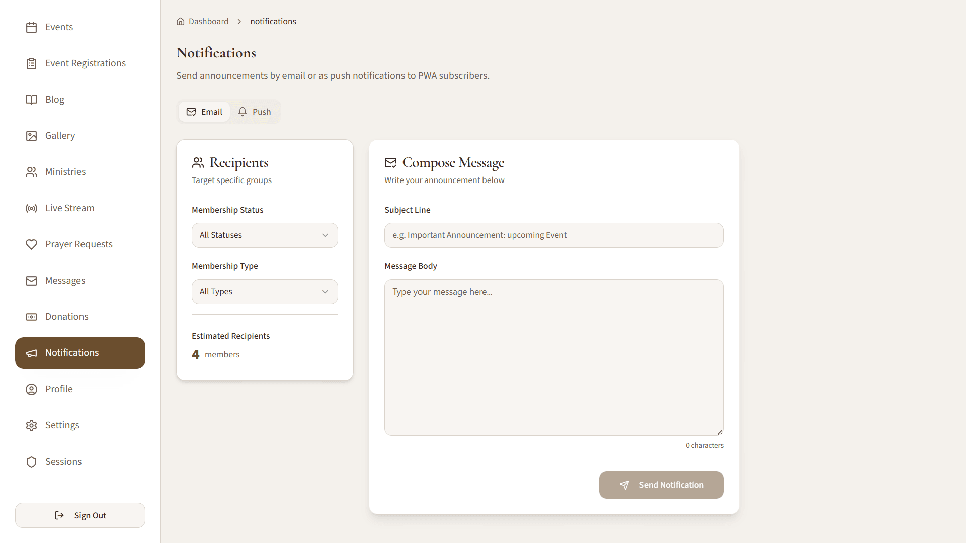 Notifications screen with email and push tabs, audience filters for membership status and type, an estimated recipient count, and a message composer