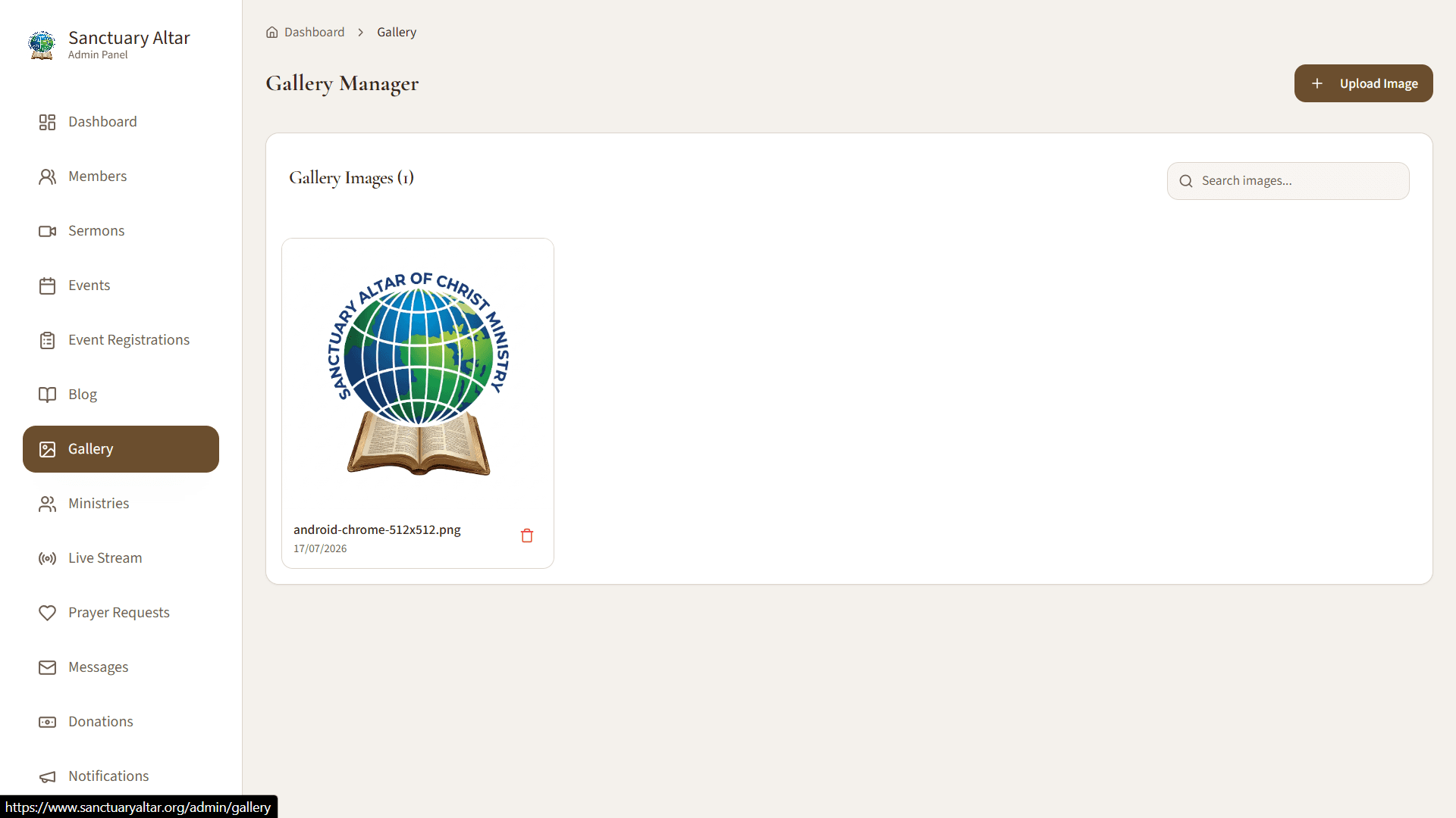 Gallery manager showing a single uploaded image as a card with its filename and upload date, beside an upload button and a search field