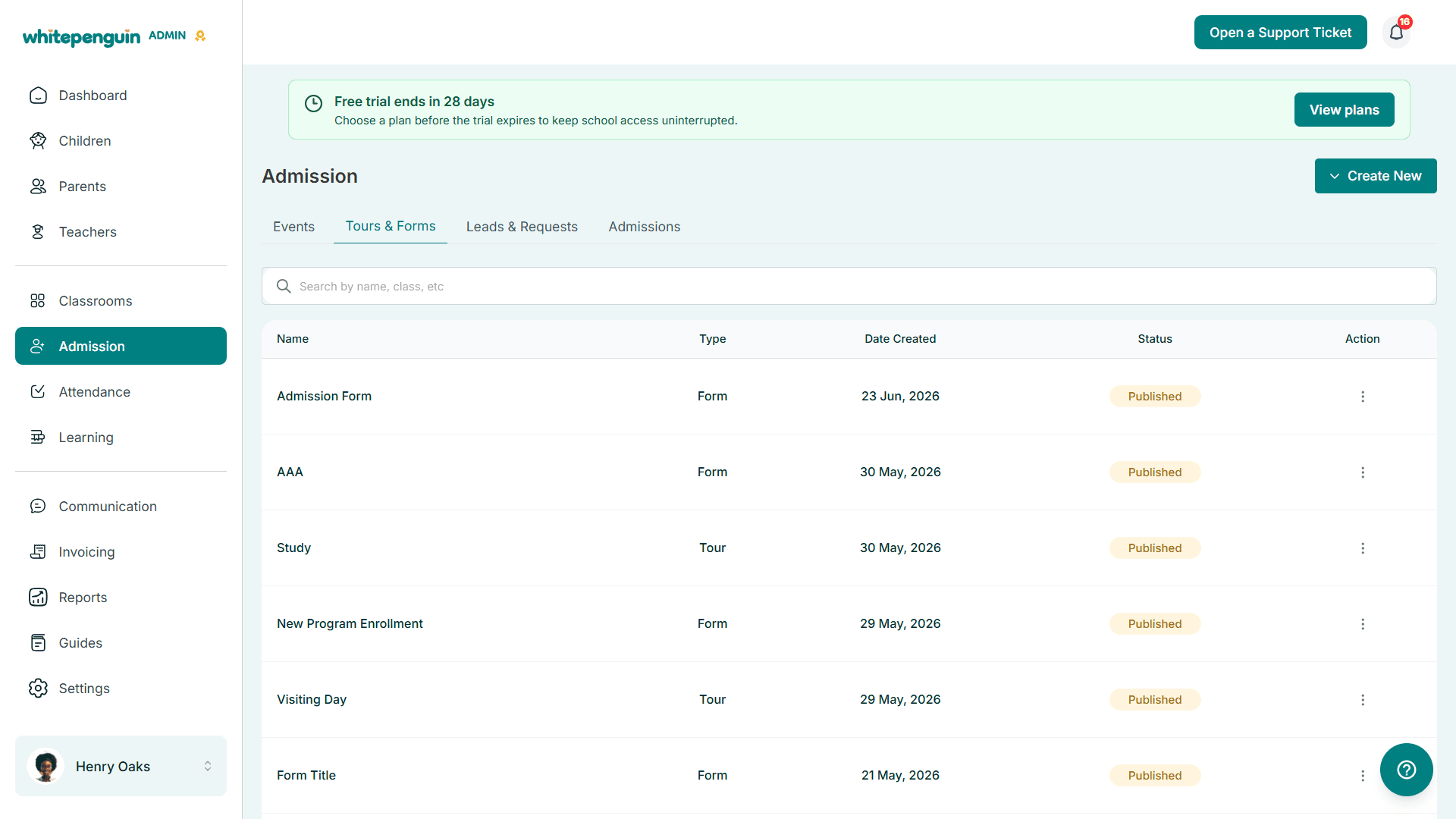 Admission section on the Tours and Forms tab, listing admission forms and tour dates with their type, creation date and published status, beside tabs for events, leads and requests, and admissions